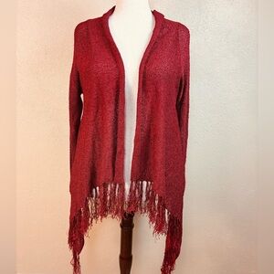 Chico's Deep Red Rust Burnt Orange Fringed Open Cardigan M/L great fabric